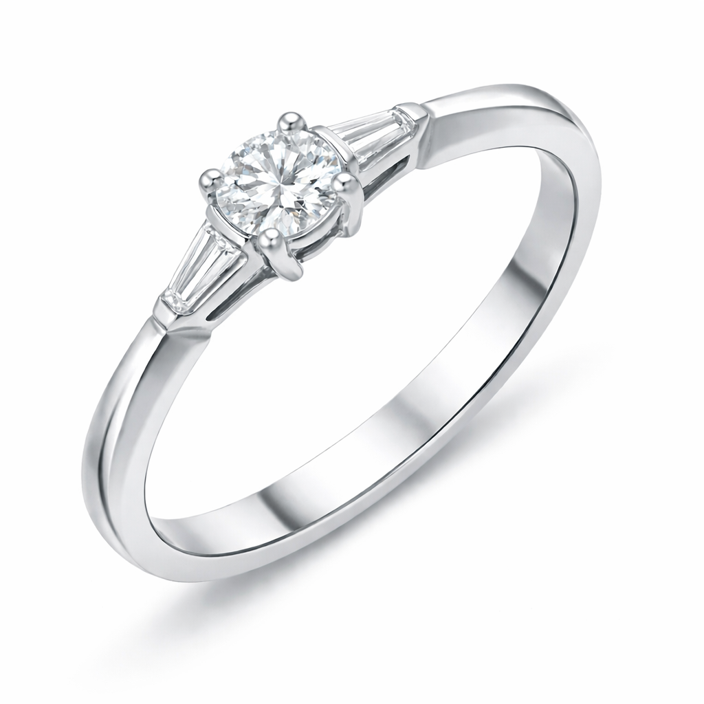 Platinum Diamond Round Brilliant Tapered Baguette Cut Three Stone Ring DMN-3169/I Image 1