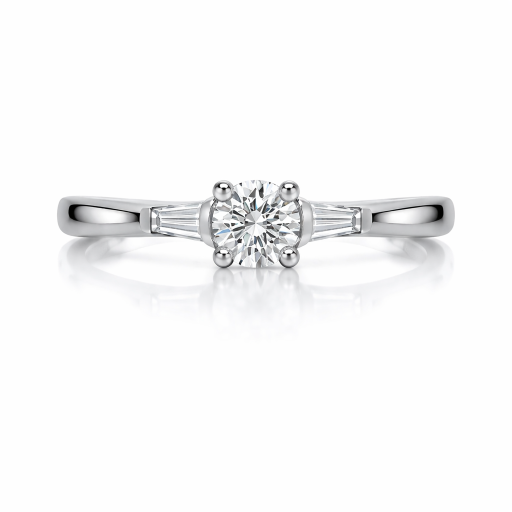 Platinum Diamond Round Brilliant Tapered Baguette Cut Three Stone Ring DMN-3169/I Image 2