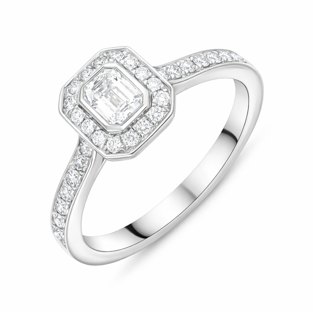 Platinum GIA Certified GVS2 0.59ct Diamond Emerald Cut Framed Cluster Ring DMN-2974 Image 1