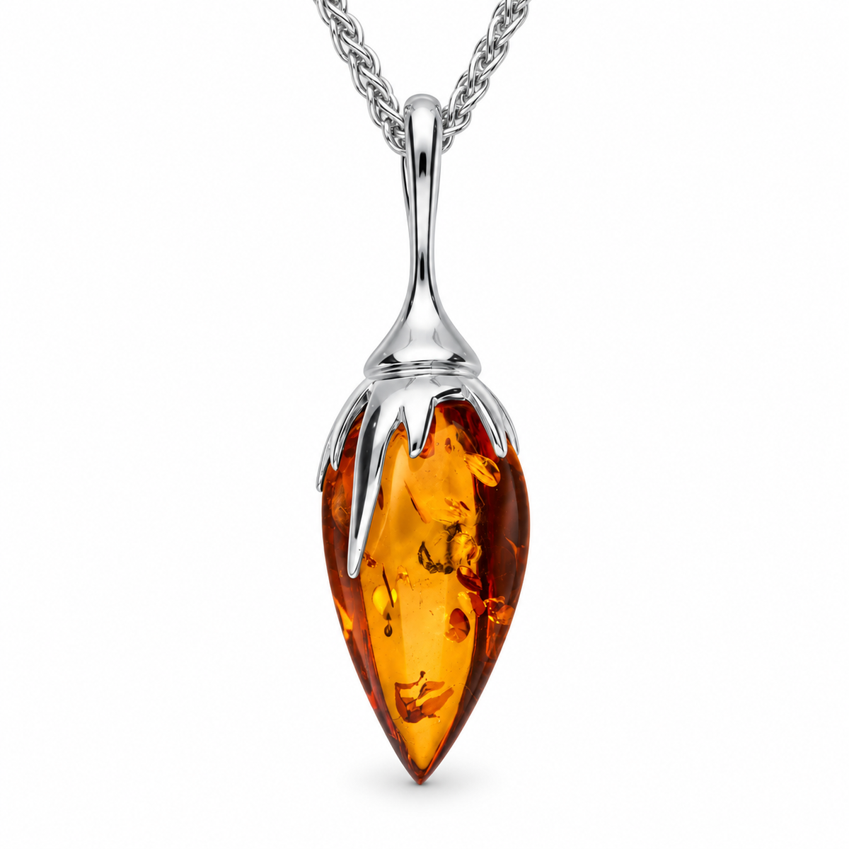 Sterling Silver Amber Plant Bud Necklace