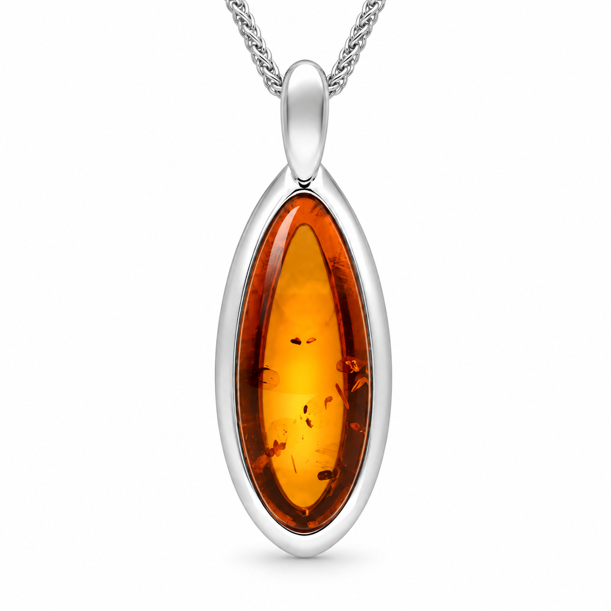 Sterling Silver Baltic Amber Curved Pear Necklace