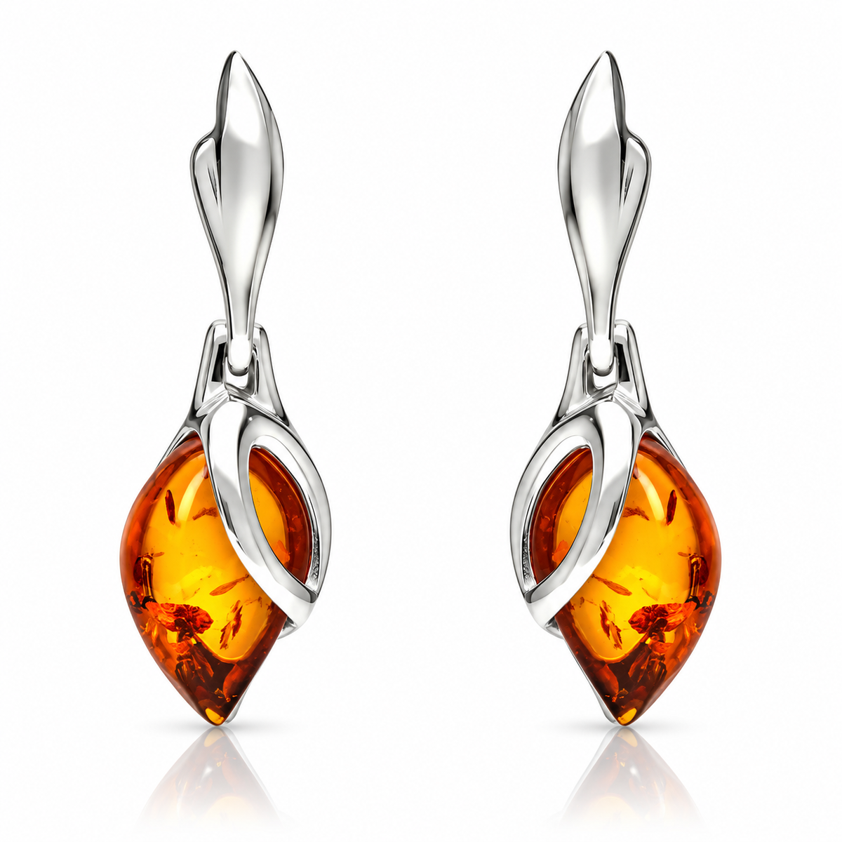 Sterling Silver Baltic Amber Leaf Drop Earrings