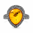 Sterling Silver Cognac Amber Basket Weave Edge Pear Ring – Image 2