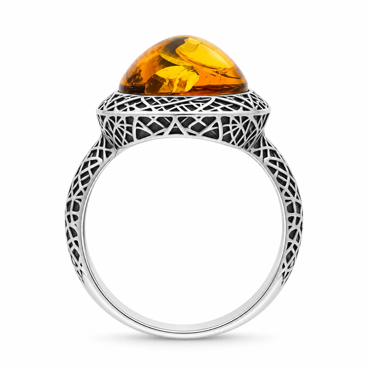 Sterling Silver Cognac Amber Basket Weave Edge Pear Ring – Image 3