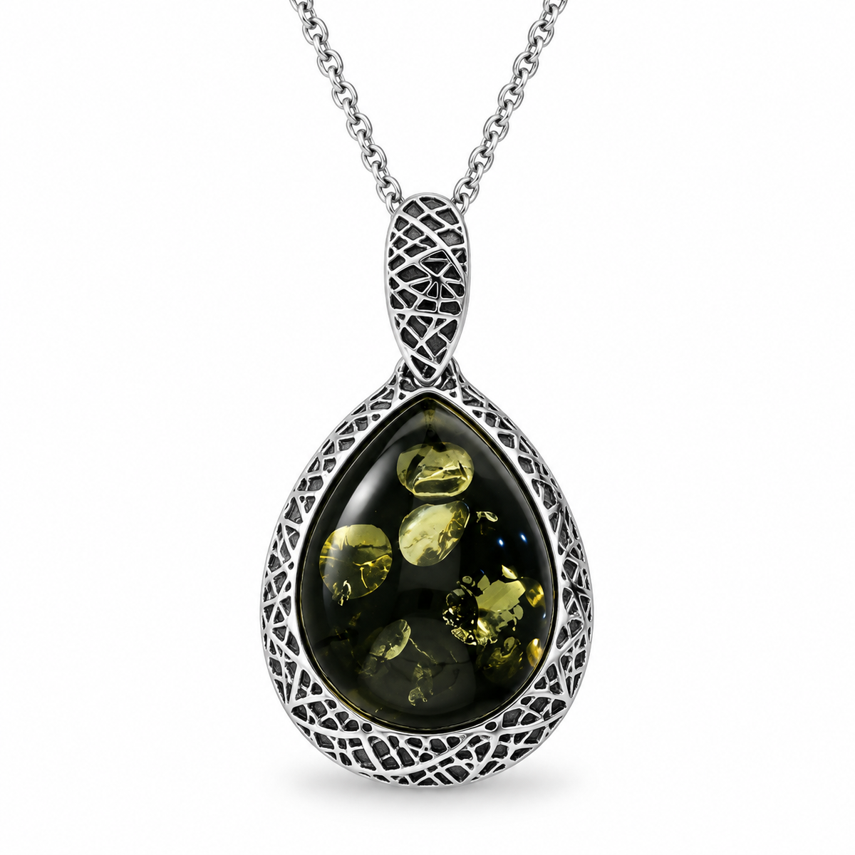 Sterling Silver Green Amber Basket Weave Edge Pear Necklace