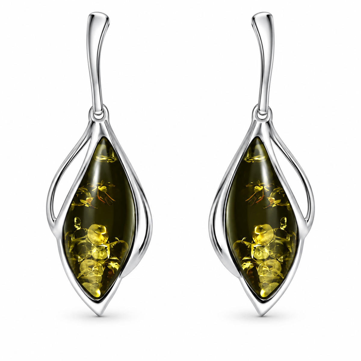 Sterling Silver Green Amber Open Marquise Drop Earrings