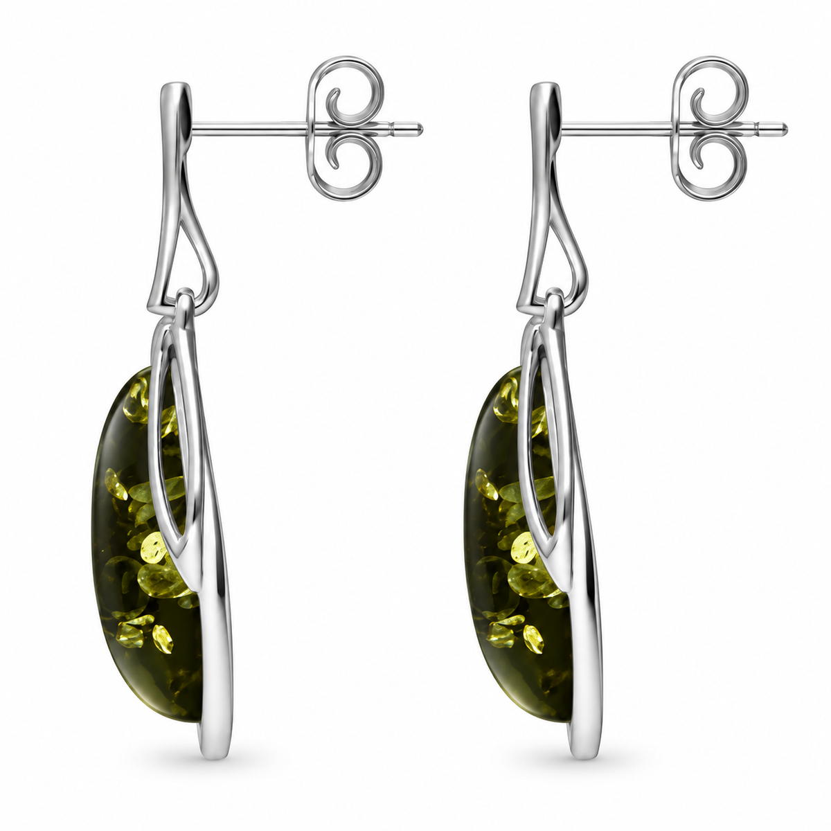 Sterling Silver Green Amber Open Marquise Drop Earrings – Image 2