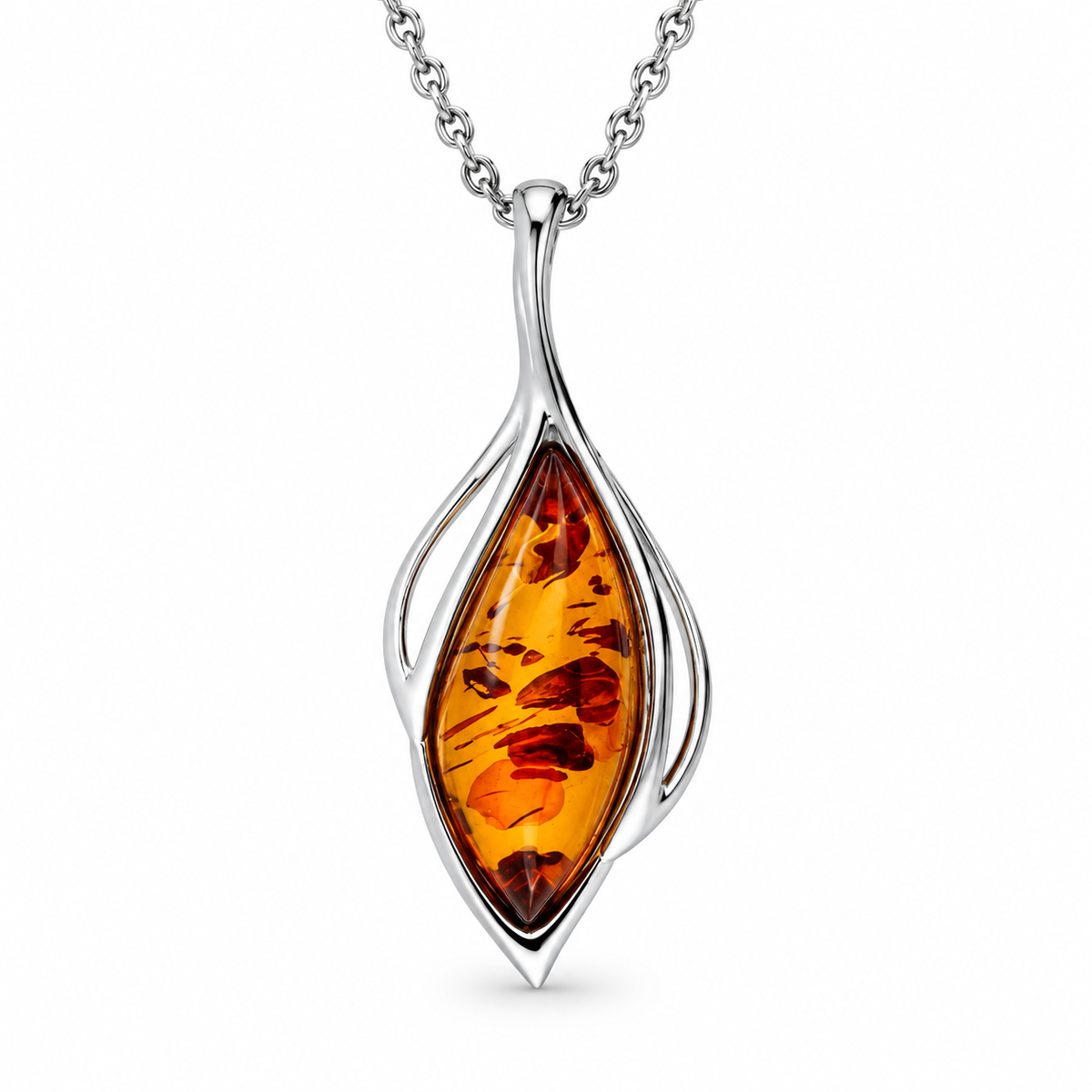 Sterling Silver Orange Amber Open Marquise Shaped Necklace